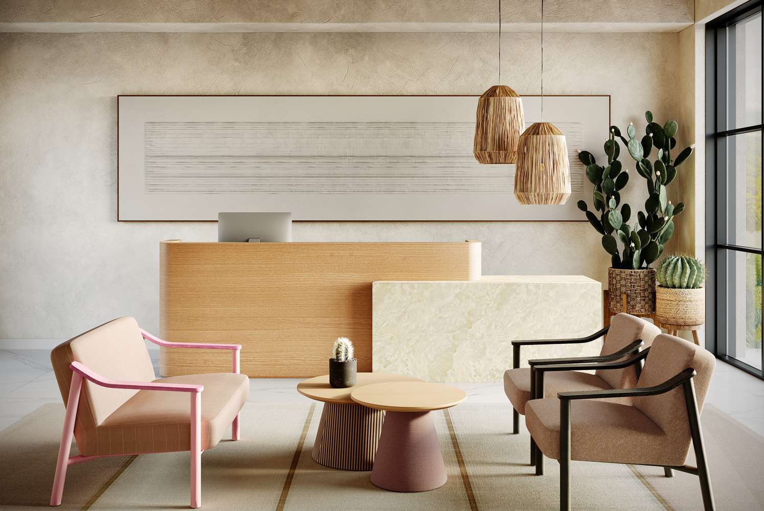 Chrissie Single and Double Seat Lounge with Indio Occasional Table Lobby Environment