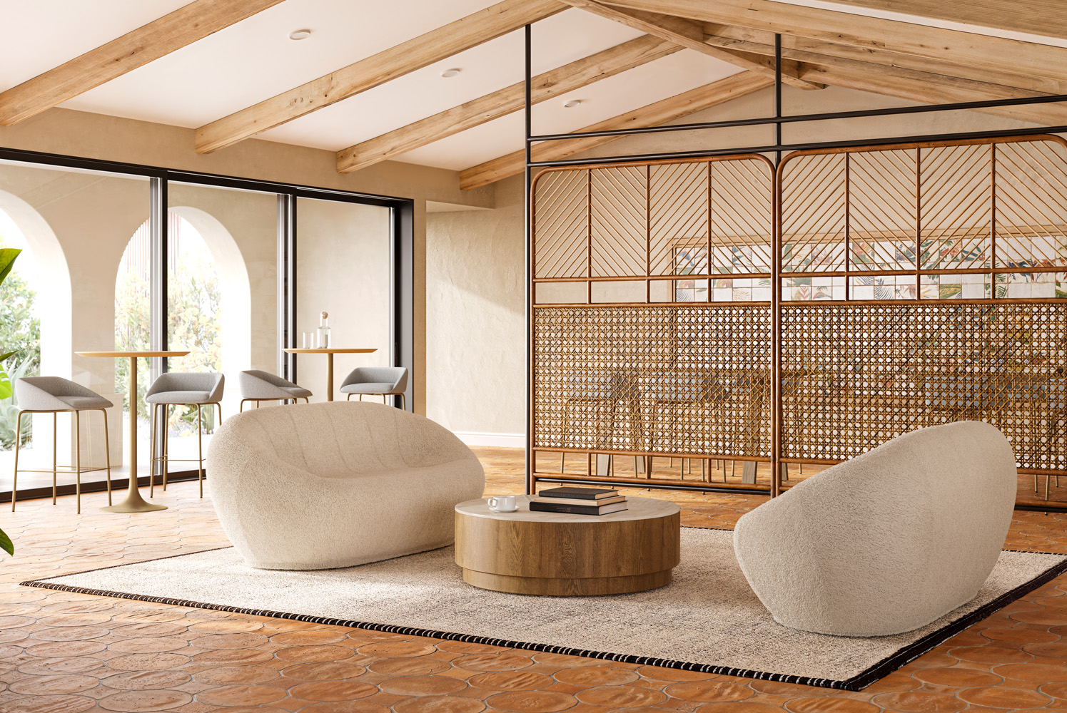 Cora Lounge with Cube Plus Occasional Table and Carlton Stools with Harmonly Tables Lobby Environment