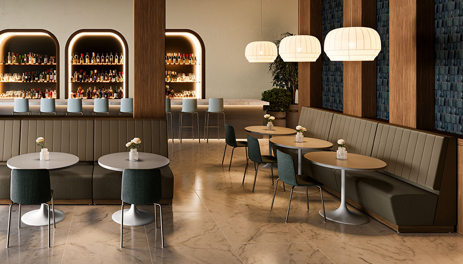 Encino Banquettes with Vespers Chairs and Harmonh Tables