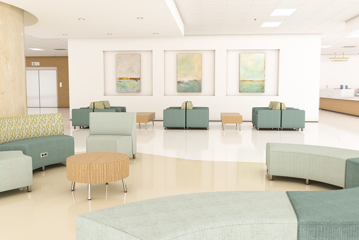 Lobby featuring Raven modular seating and Treno occasional tables