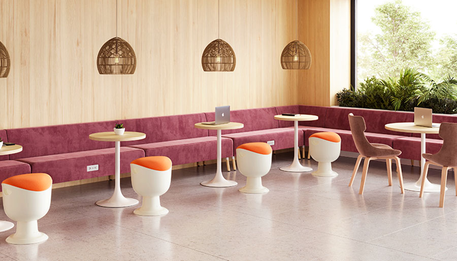 Laguna Banquettes with Harmony Tables and Tommy Stools and Nathan Chairs