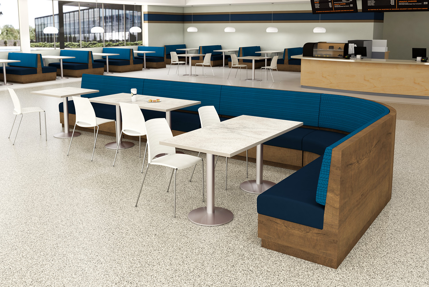Verona banquettes, Corsa tables and Gobi chairs Cafeteria Scene